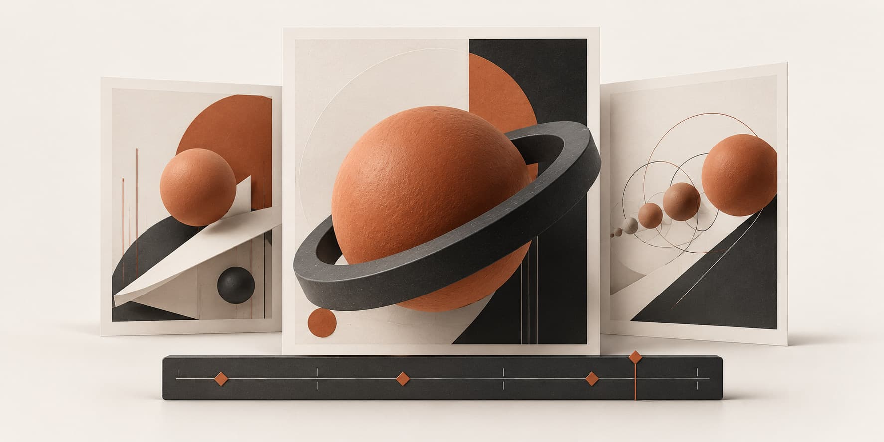 Composição visual abstrata em painéis com acento terracota