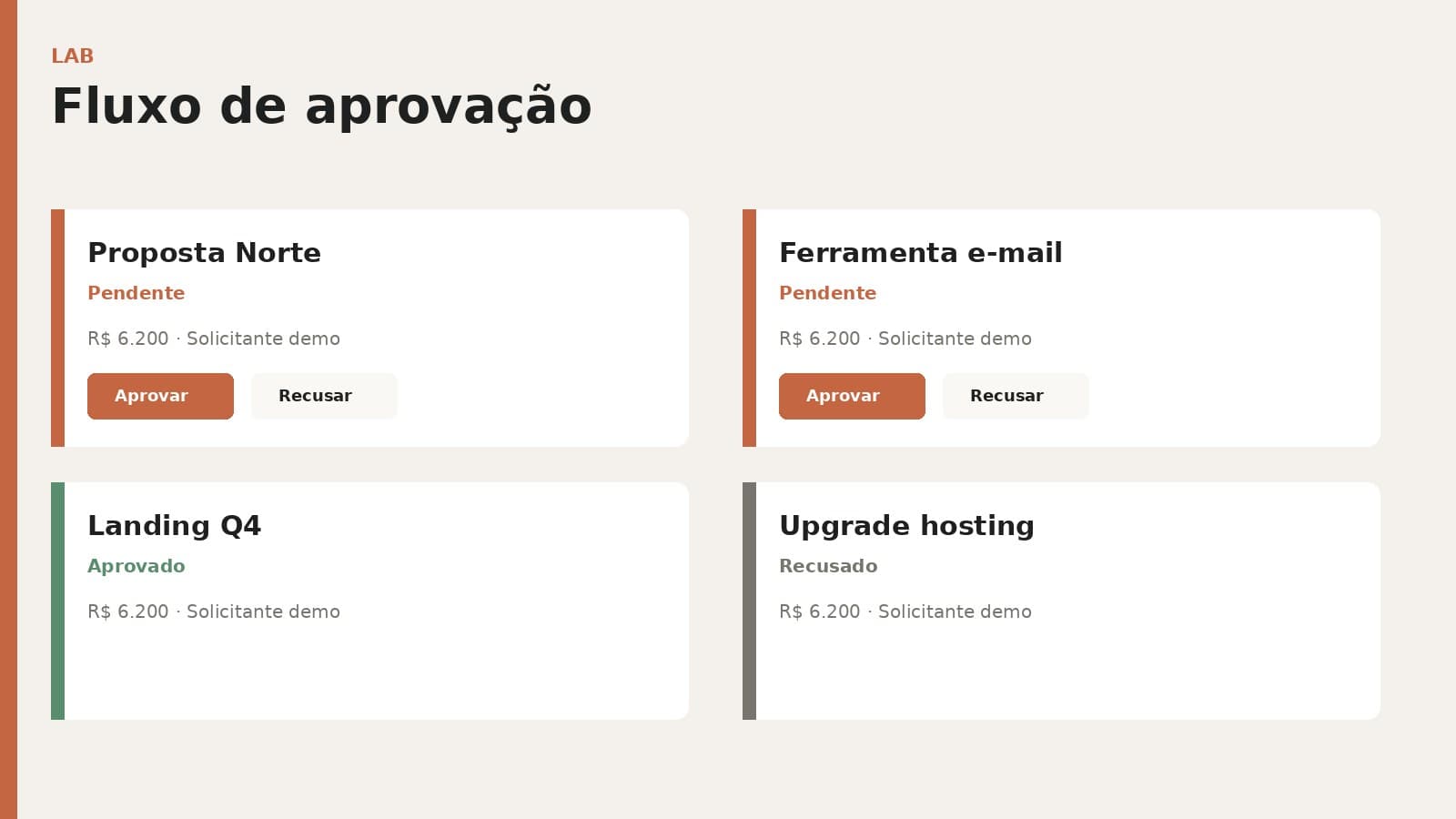 Ilustração de pedidos de aprovação com ações de aprovar e recusar